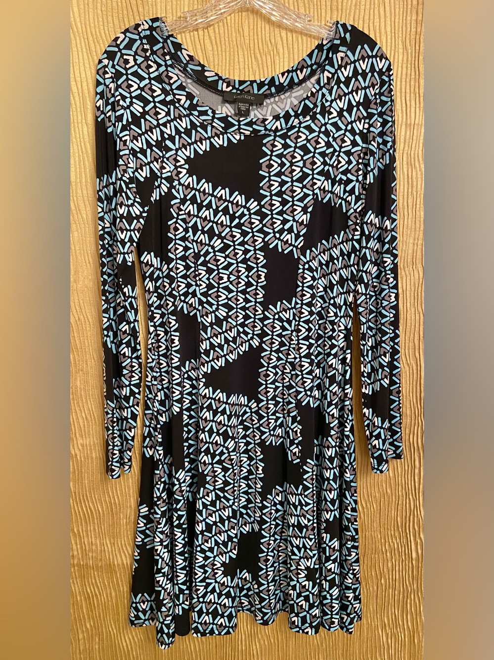 Karen Kane Black and Light Blue Geometric Long-Sleeve Tunic Style Dress
